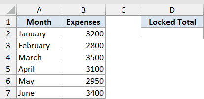 Indirect Function Dataset Example 5 showing a table of months and expenses with an empty Locked Total column