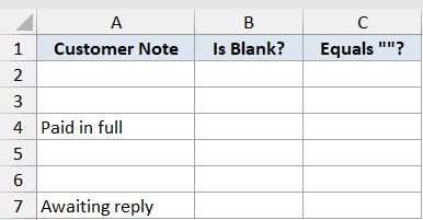 Excel table with columns Customer Note, Is Blank?, and Equals