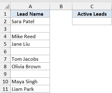 Excel dataset showing Lead Name in column A with intermittent empty rows and an empty Active Leads header in column C
