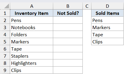 Excel table comparing Inventory Items in column A against Sold Items in column D to identify unsold stock