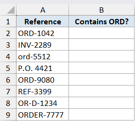 Excel dataset for ISNUMBER function example showing column A with reference codes and empty column B for ORD check