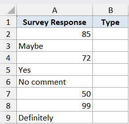 Excel dataset showing Survey Response column with mixed numbers and text for ISNUMBER function example 3