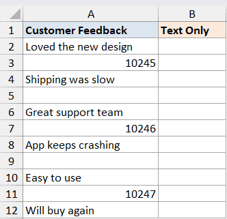 Excel table showing Customer Feedback in column A and an empty Text Only column B for ISTEXT function testing