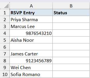 Istext Function Dataset Example 3 showing an Excel table with column A containing a mix of names and numeric phone numbers