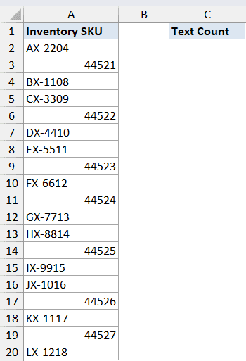 Istext Function Dataset Example 4 showing a list of Inventory SKUs and numeric dates in column A