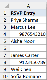 Istext Function Dataset Example 5 showing a column of RSVP names mixed with numeric phone numbers in Excel cells A1-A10