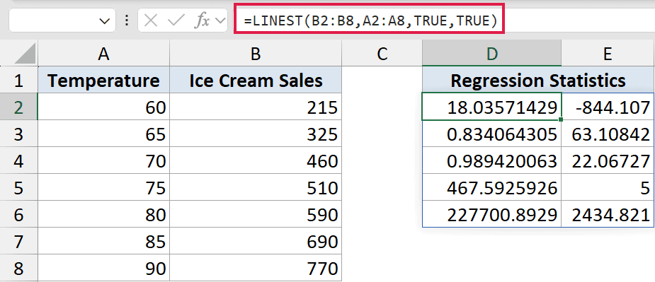 Excel formula bar showing LINEST function with output array of regression statistics in cells D2:E6