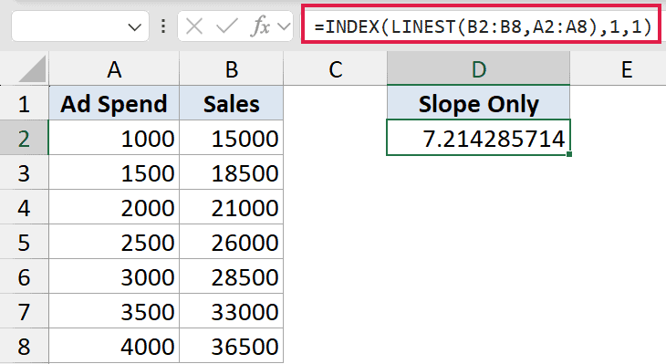 Excel formula bar showing INDEX(LINEST(B2:B8,A2:A8),1,1) to calculate the slope of linear regression data in column D