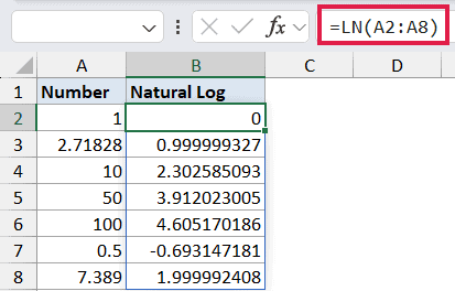 Excel formula bar showing =LN(A2:A8) with a spill range result in column B for natural log calculations