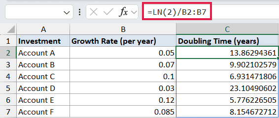 Excel formula bar showing =LN(2)/B2:B7 to calculate doubling time for investment growth rates in column C