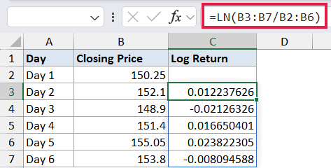 Excel formula bar showing =LN(B3:B7/B2:B6) with a spill range result in column C calculating log returns for closing prices