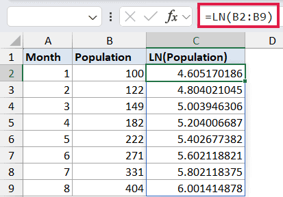 Excel formula bar showing =LN(B2:B9) applied to a population data range in column B, resulting in a spilled array in C