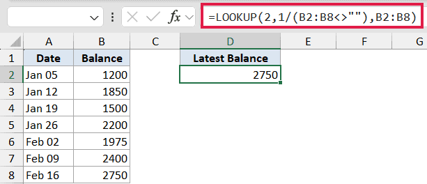 Excel LOOKUP formula finding the last numeric value in a column with a red-outlined formula bar and result 2750