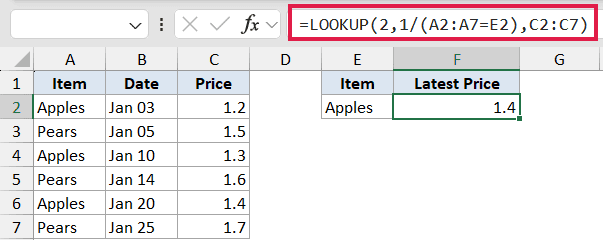 Excel formula bar showing LOOKUP function to find the latest price for Apples in a data table