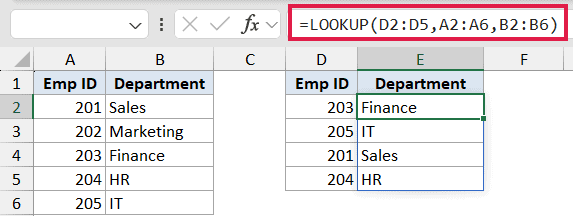 Excel formula bar showing LOOKUP function with spill range D2:D5 to return multiple department values from columns A and B