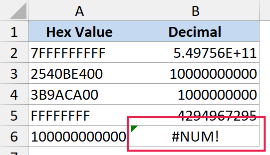 Excel table showing a large hex value in cell A6 resulting in a #NUM! error in cell B6 highlighted by a red box
