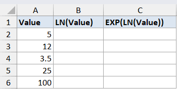 Excel table showing Value, LN(Value), and EXP(LN(Value)) columns with numeric inputs 5, 12, 3.5, 25, and 100