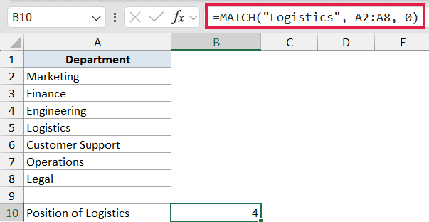 Excel formula bar showing MATCH function finding the position of Logistics in range A2:A8, returning a result of 4