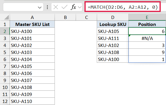 Excel formula bar showing MATCH function with array arguments D2:D6 and A2:A12 returning position values in column E