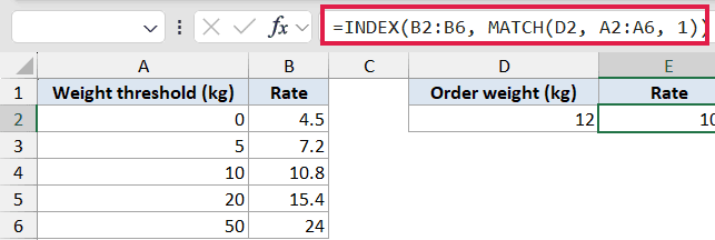 Excel formula bar showing INDEX MATCH with a match_type of 1 for a tier-based lookup table of weights and rates