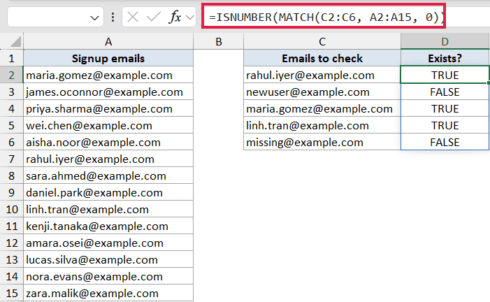 Excel formula bar showing ISNUMBER MATCH to check if email addresses exist in a list, returning TRUE or FALSE
