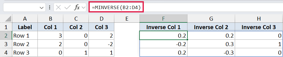 Excel formula bar showing =MINVERSE(B2:D4) applied to a 3x3 matrix to calculate its inverse in cells F2:H4