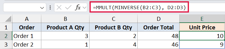 Excel formula bar showing MMULT and MINVERSE functions applied to matrix data in cells B2 through D3