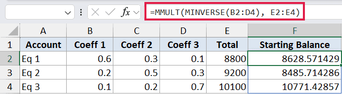 Excel formula bar showing =MMULT(MINVERSE(B2:D4), E2:E4) used to calculate starting balances in column F