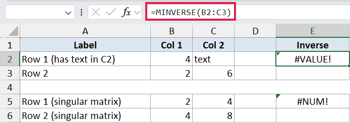 Excel formula bar showing =MINVERSE(B2:C3) resulting in #VALUE! error due to non-numeric text in the matrix range