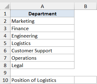 Match Function Dataset Example 1 showing a list of departments in column A from Marketing to Legal