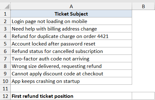 Excel dataset showing a column of ticket subjects and a label for finding the first refund ticket position