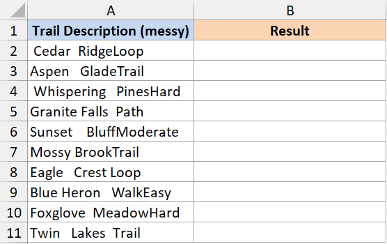 Spreadsheet column showing trail descriptions with inconsistent spacing, extra spaces, and formatting errors