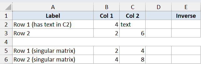 Minverse Function Dataset Example 5 showing spreadsheet data with text in a matrix and a singular matrix example