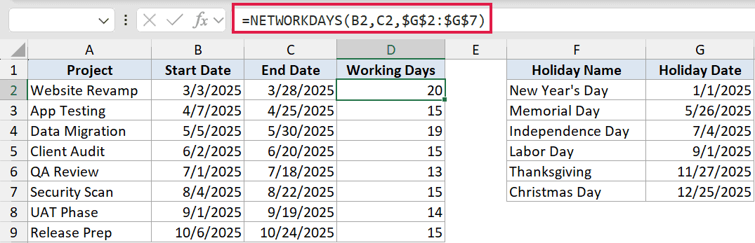 Excel formula bar showing NETWORKDAYS function with start date, end date, and absolute holiday range references