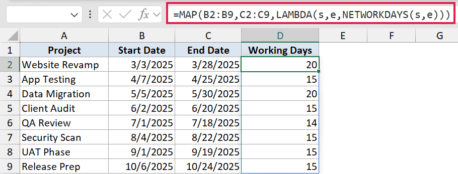 Excel formula bar showing MAP and LAMBDA functions with NETWORKDAYS to calculate working days for a project list