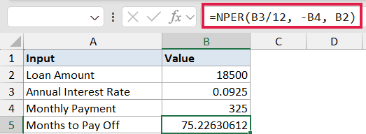 Excel formula bar showing NPER(B3/12, -B4, B2) with input values for loan amount, interest rate, and monthly payment