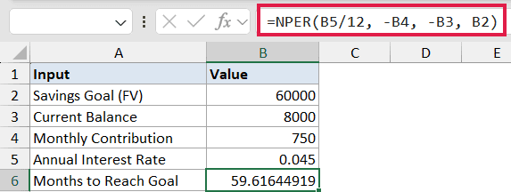 Excel formula bar showing NPER function with cell references B5, B4, B3, and B2 to calculate months to reach a savings goal