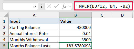 Excel formula bar showing =NPER(B3/12, B4, -B2) calculating months a balance lasts based on interest, withdrawal, and PV