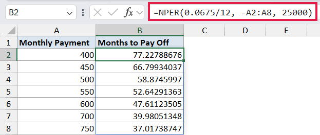 Excel NPER dynamic array formula in B2 spilling months-to-pay-off values for monthly payments from 400 to 750