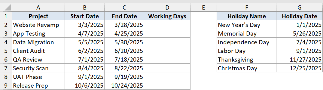 Excel dataset showing project start and end dates in columns A-C and a holiday list in columns F-G for NETWORKDAYS usage
