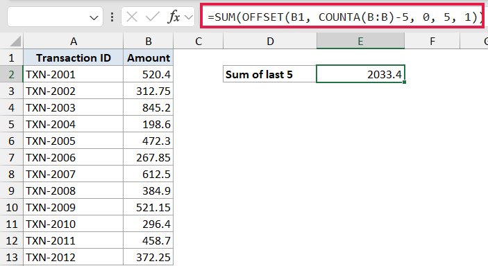 Excel formula bar showing SUM and OFFSET functions used to calculate the sum of the last five transaction amounts