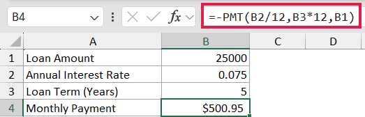 Excel formula bar showing =-PMT(B2/12,B3*12,B1) to calculate monthly loan payments based on cell data