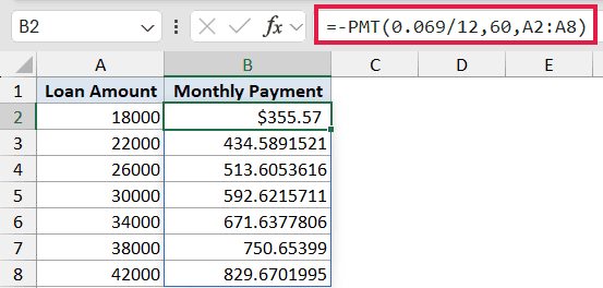 Excel formula bar showing =-PMT(0.069/12,60,A2:A8) used to calculate monthly loan payments in cell B2