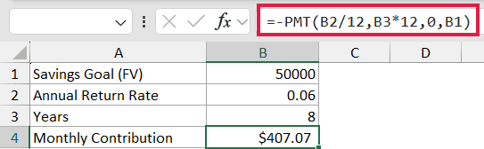 Excel formula bar showing =-PMT(B2/12,B3*12,0,B1) to calculate monthly savings contributions based on goal and rate
