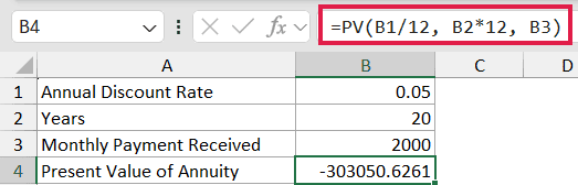 Excel formula bar showing PV function =PV(B1/12, B2*12, B3) for calculating the present value of a monthly annuity