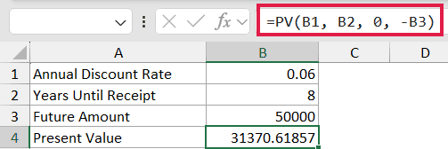 Excel PV formula =PV(B1, B2, 0, -B3) calculating present value from discount rate, years, and future amount