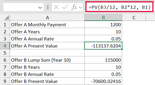 Excel formula bar showing PV function with monthly rate and total periods calculated from cells B3 and B2