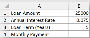 Pmt Function Dataset Example 1 showing loan amount 25000, 7.5% annual interest, and 5-year term in Excel cells A1 to B4