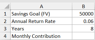 Excel dataset for PMT function example 5 showing savings goal of 50000, 6% annual return, and 8-year term