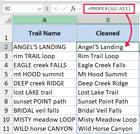Excel formula =PROPER(A2:A11) applied to a list of trail names to convert text to proper case in column B